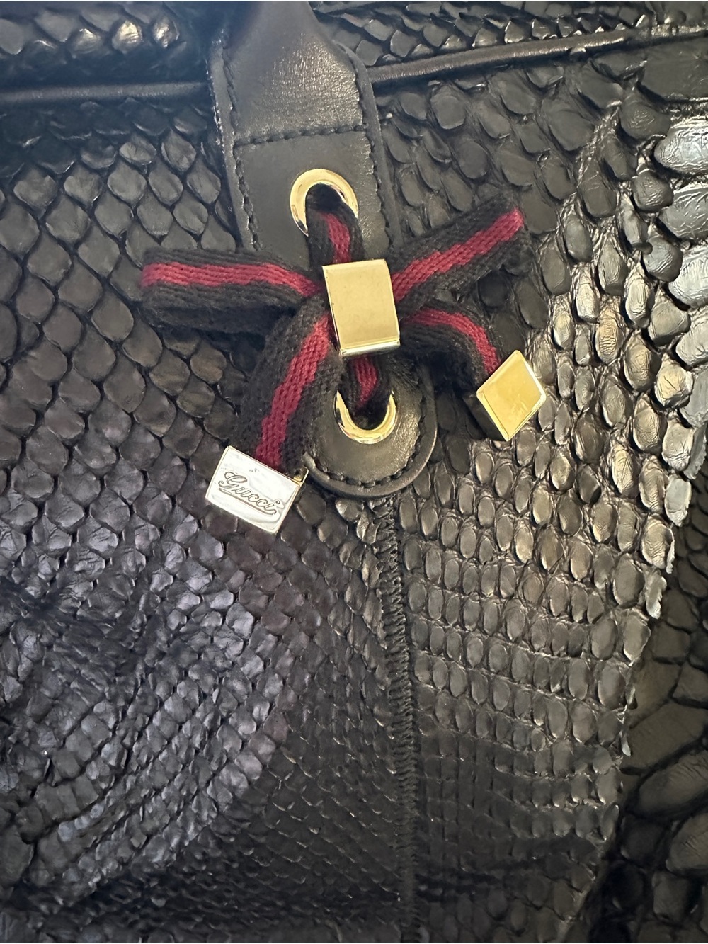 Vintage Gucci Black Python-Embossed Leather Tote with Burgundy Accents - Picture 3 of 8